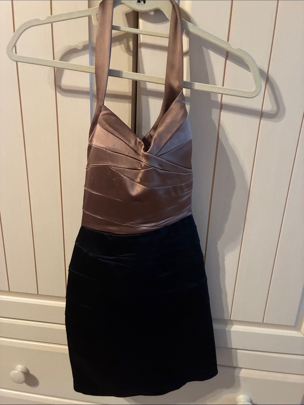 bebe Two-Tone Backless Halter Dress in Mauve and Black